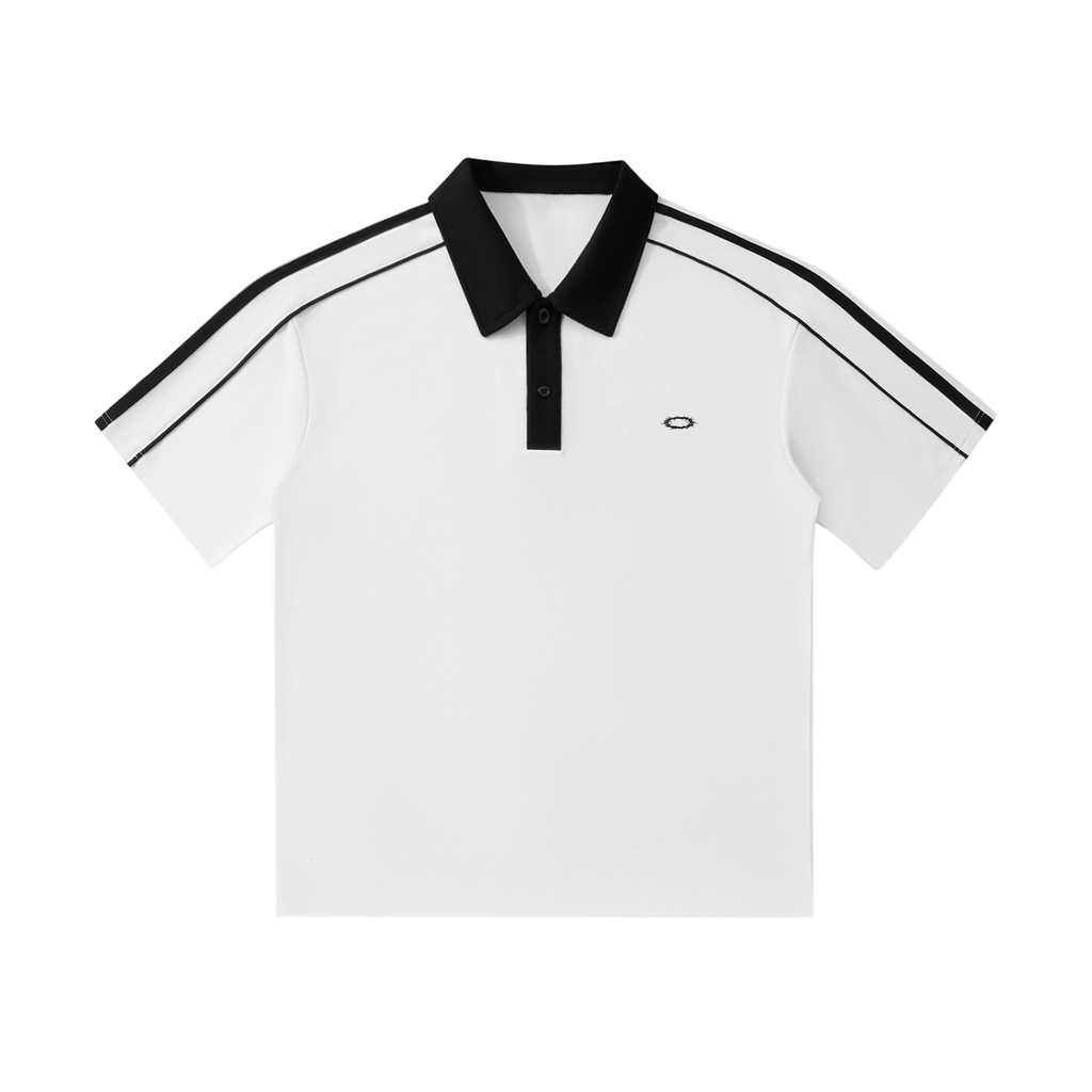 White polo shirt with black accents on a white background