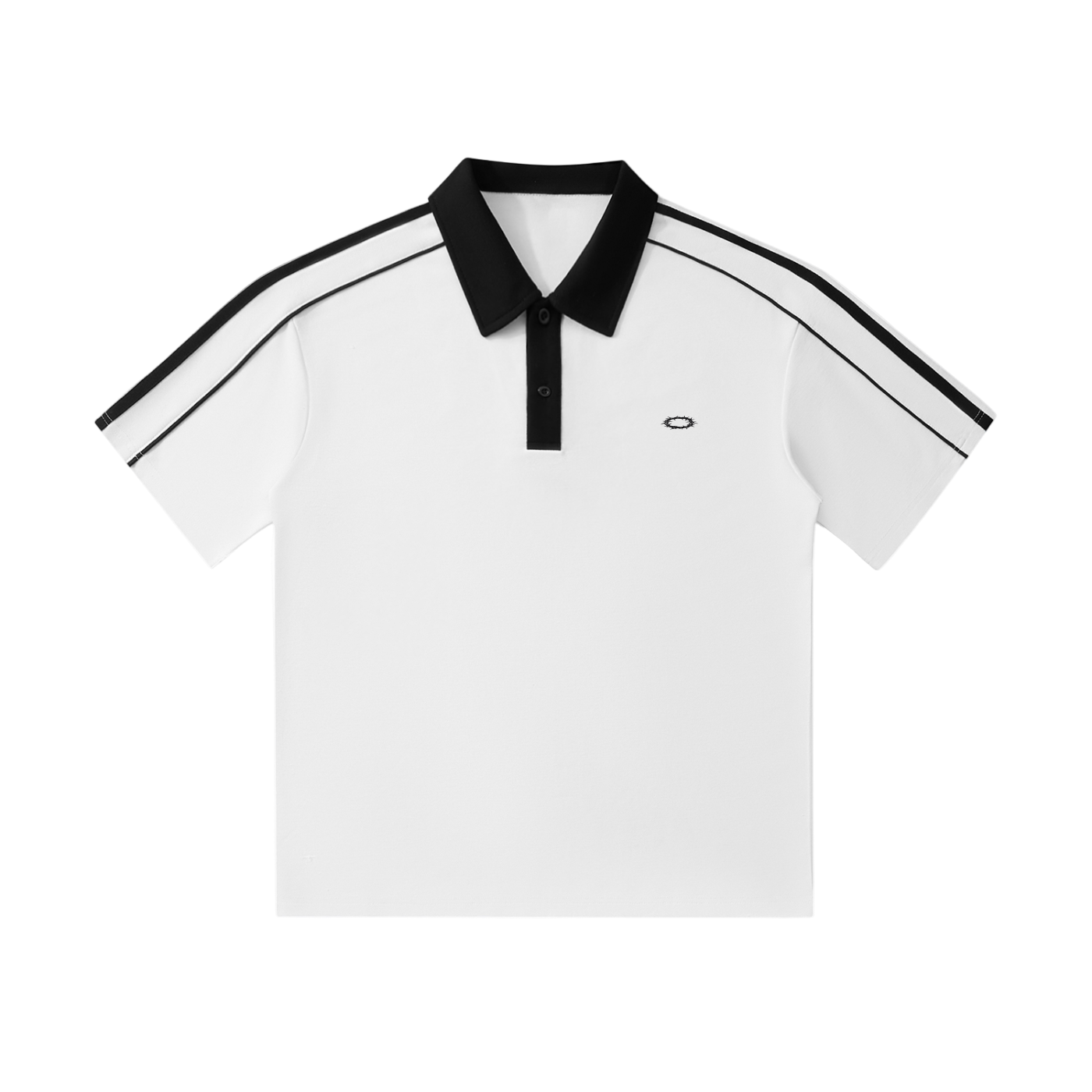 White polo shirt with black accents on a white background