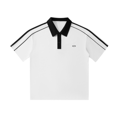 White polo shirt with black accents on a white background