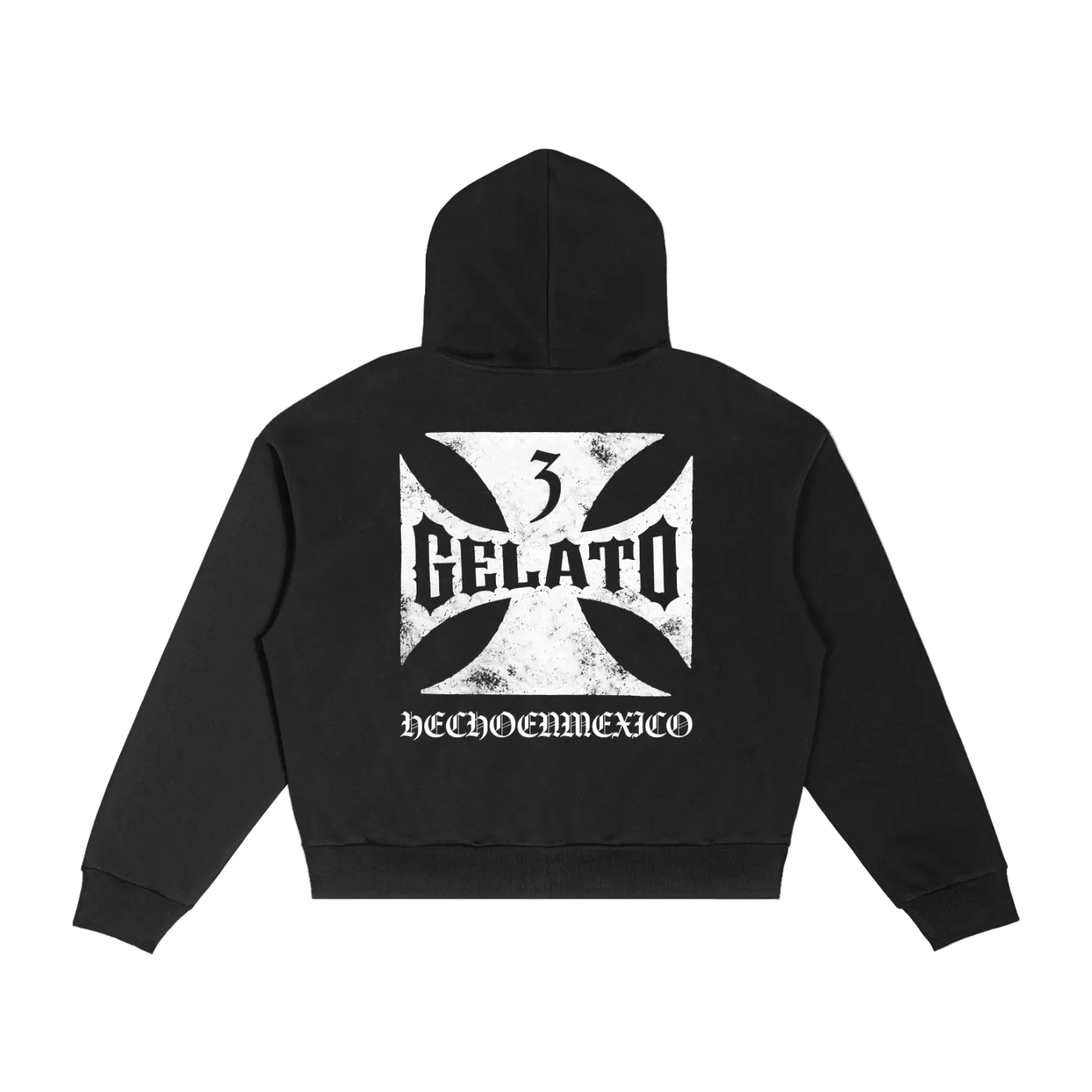 Black hoodie with white logo on the back on a white background