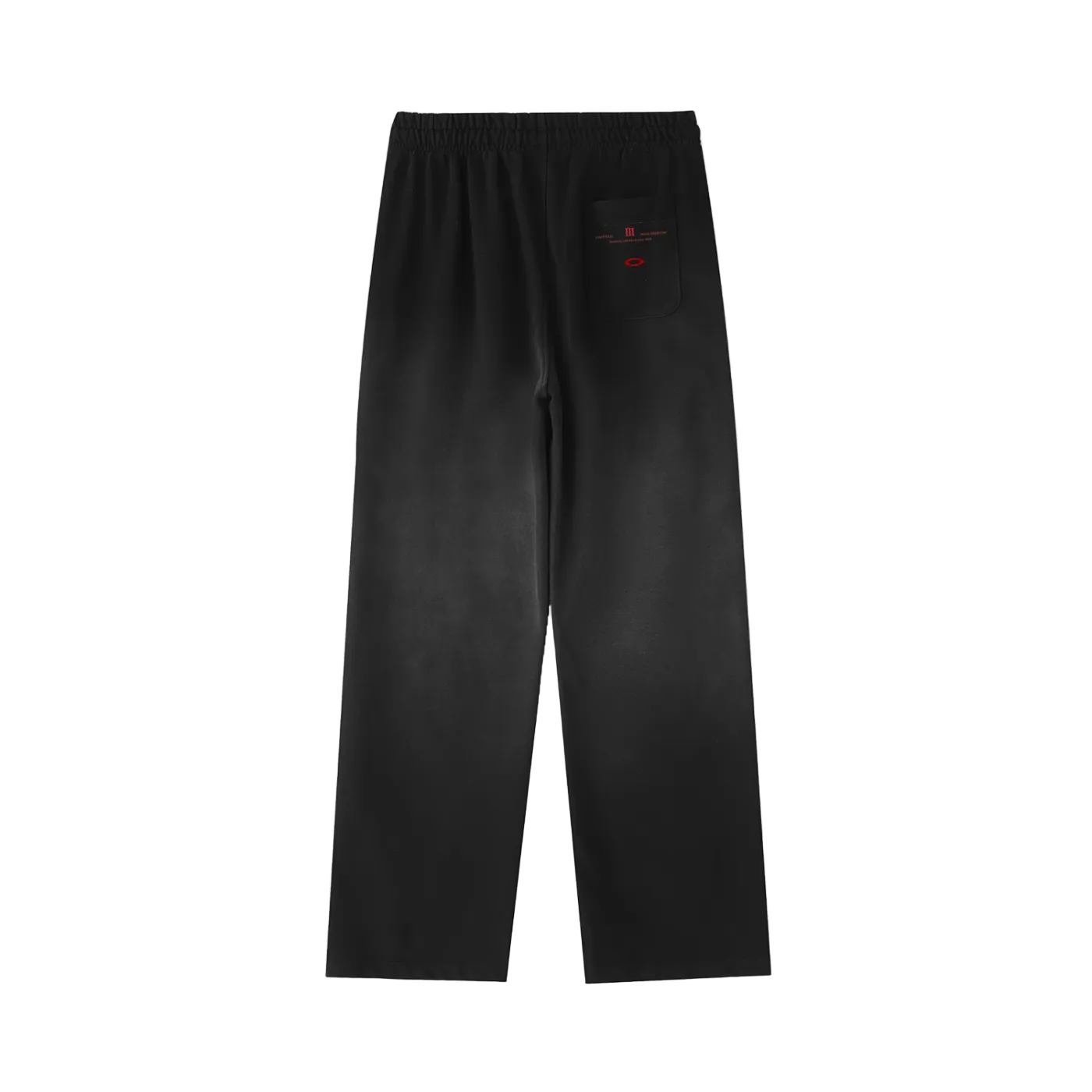 Black pants with a small red logo on a white background