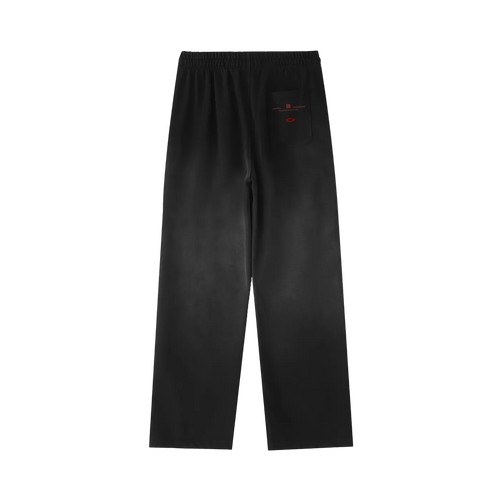 Black pants with a small red logo on a white background