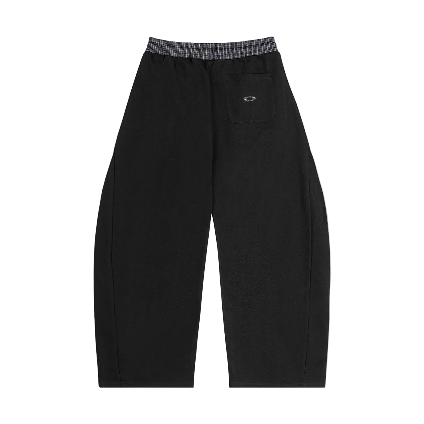 Black pants with a plaid waistband on a white background