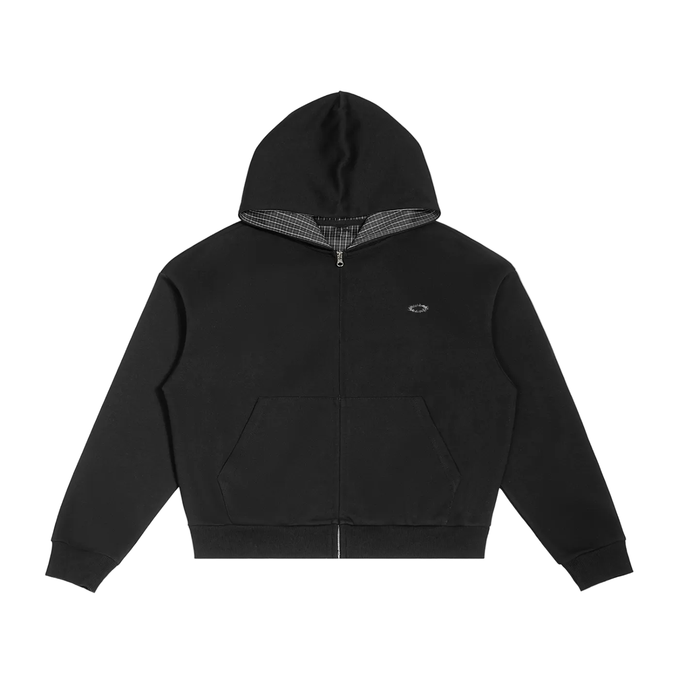 Black hoodie with plaid lining on a white background