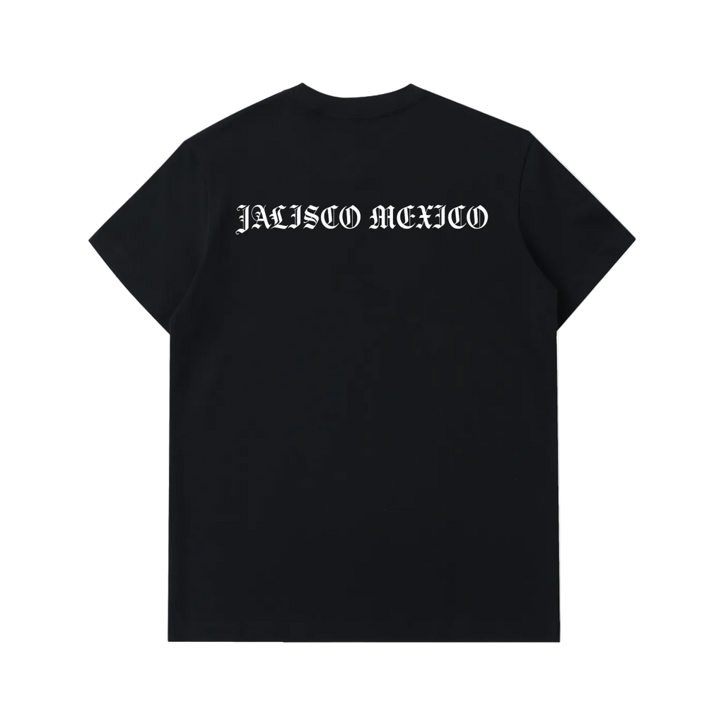 Black t-shirt with a white logo on a white background