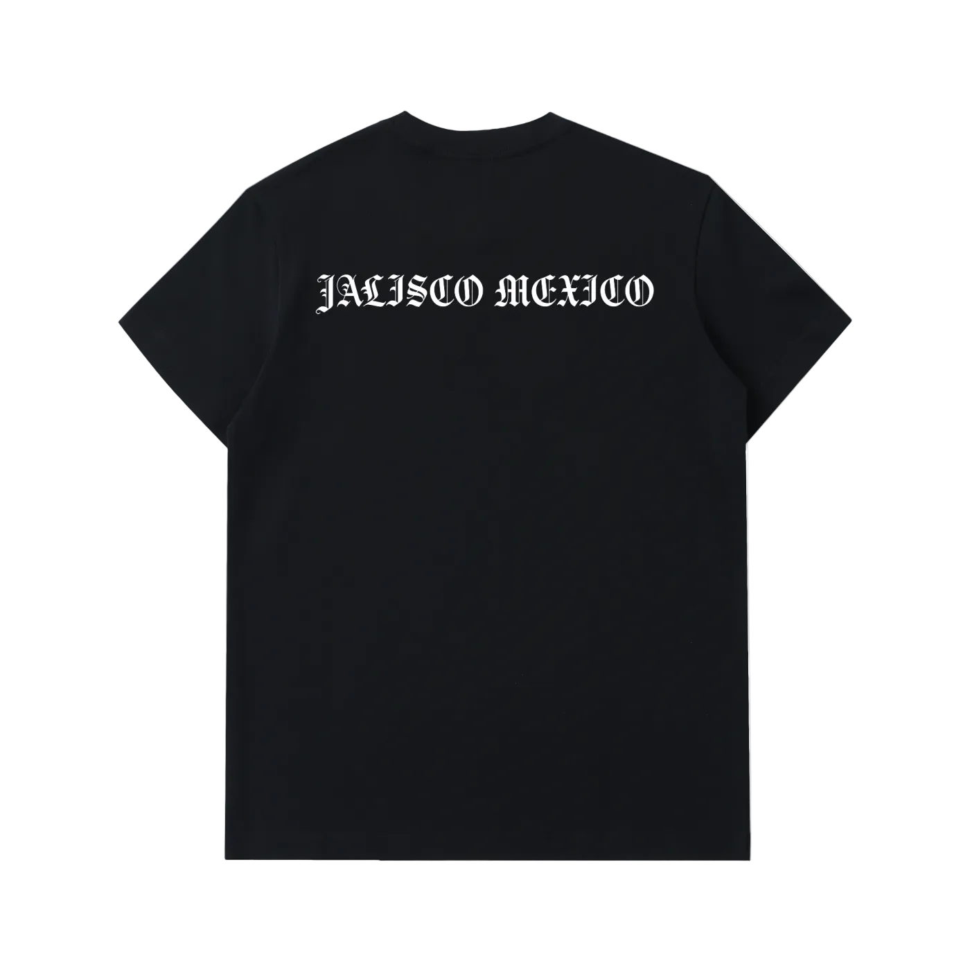 Black t-shirt with a white logo on a white background