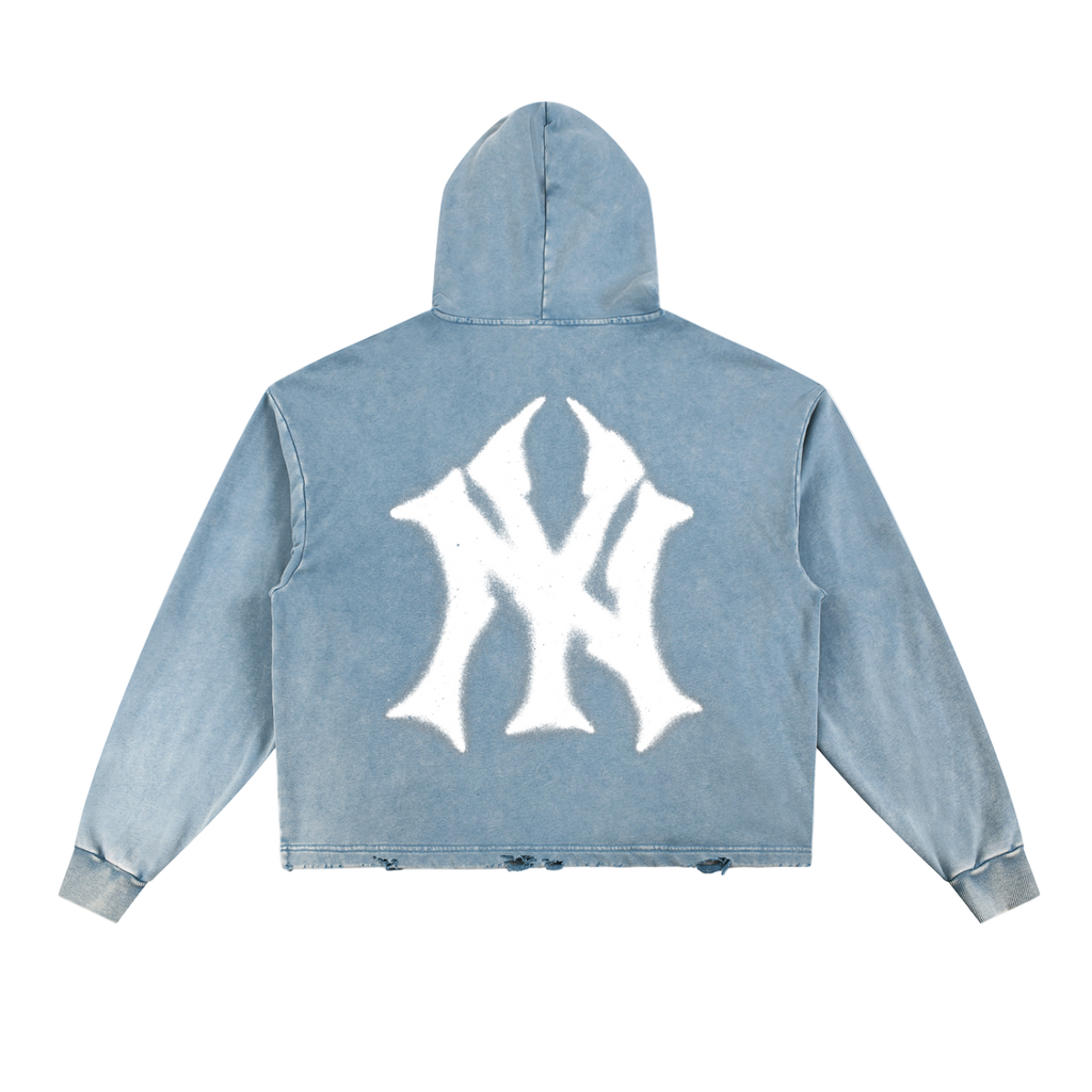 Light blue hoodie with a white logo on the back against a white background