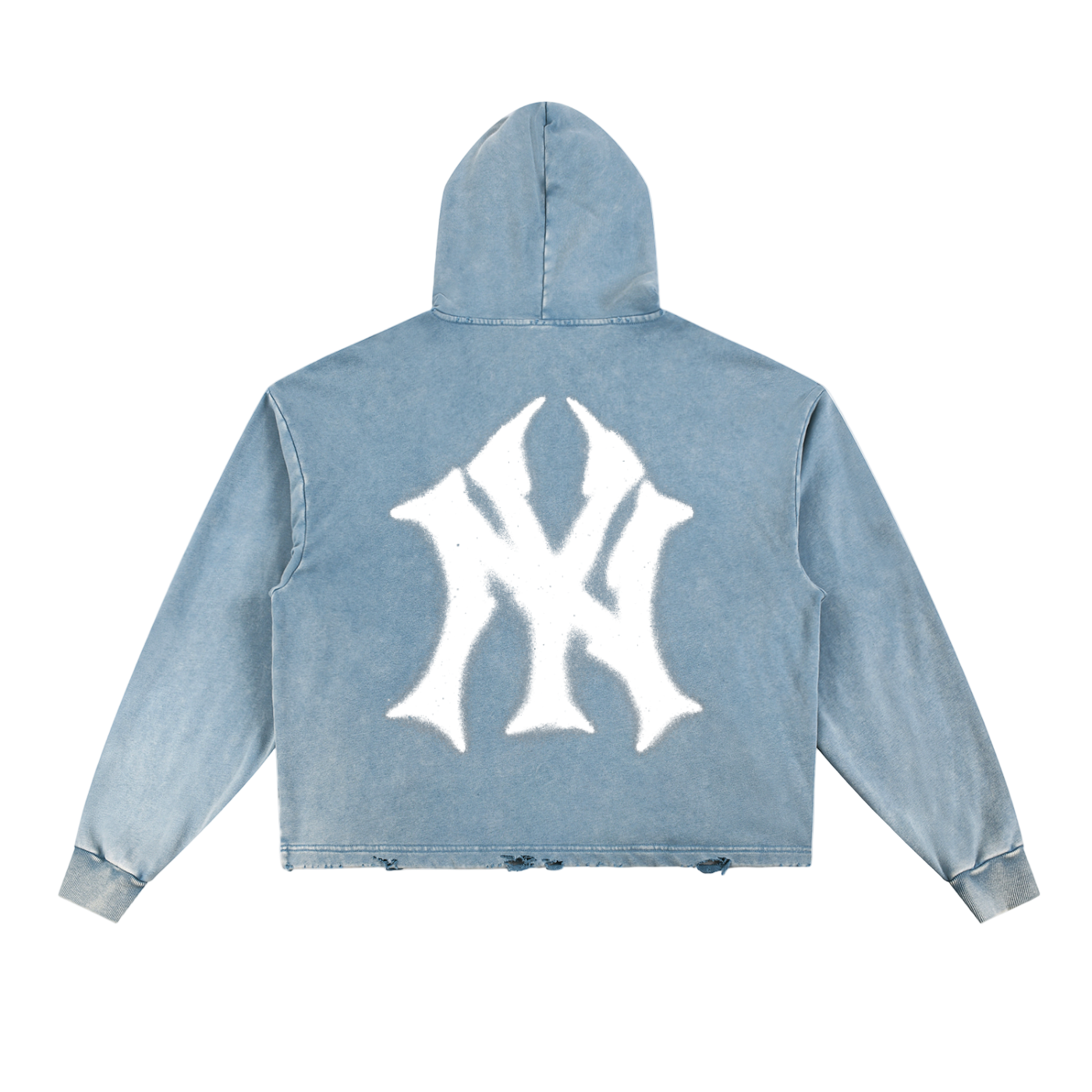 Light blue hoodie with a white logo on the back against a white background