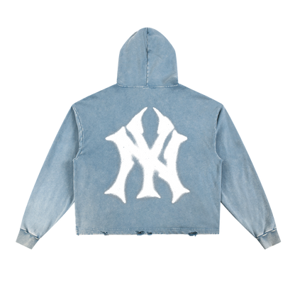 Light blue hoodie with a white logo on the back against a white background