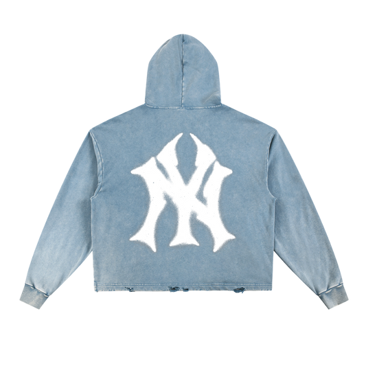 Light blue hoodie with a white logo on the back against a white background