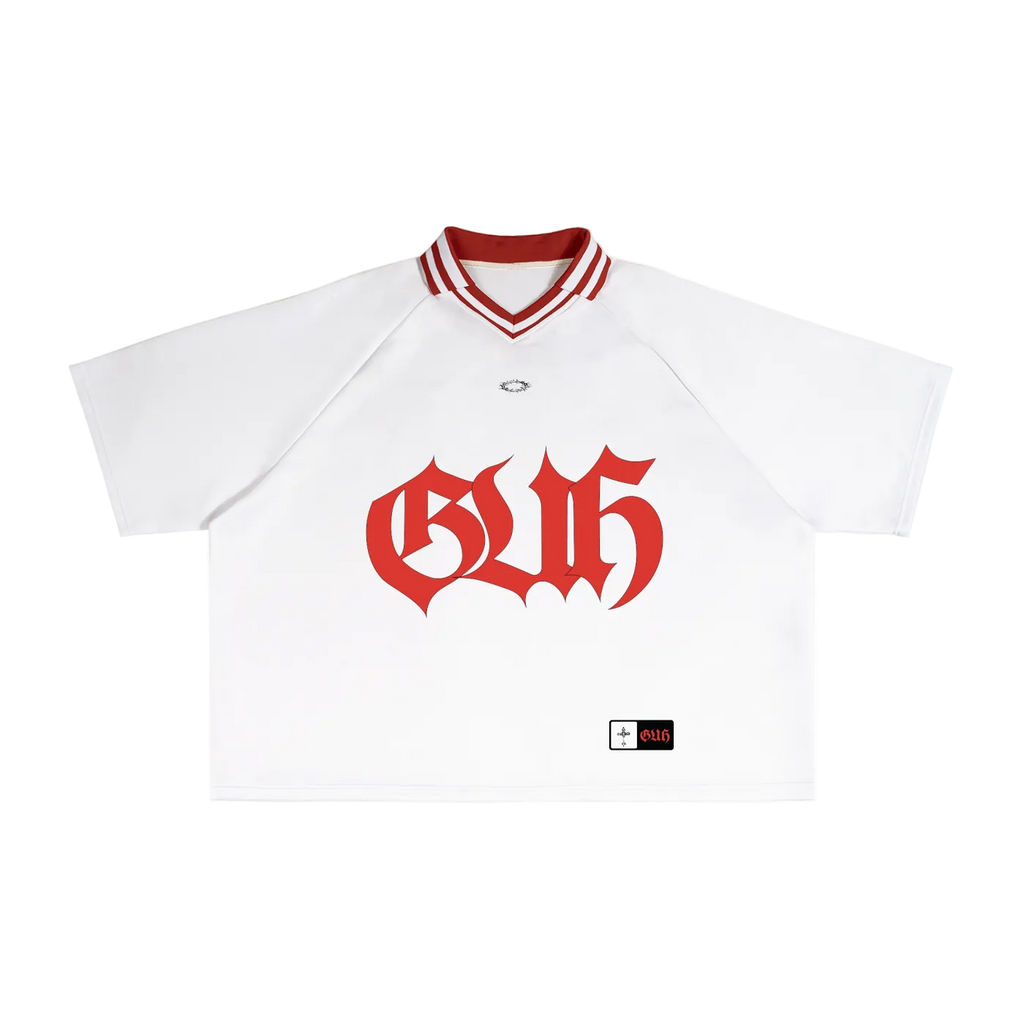 White baseball jersey with red lettering on a white background
