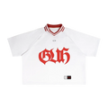 White baseball jersey with red lettering on a white background