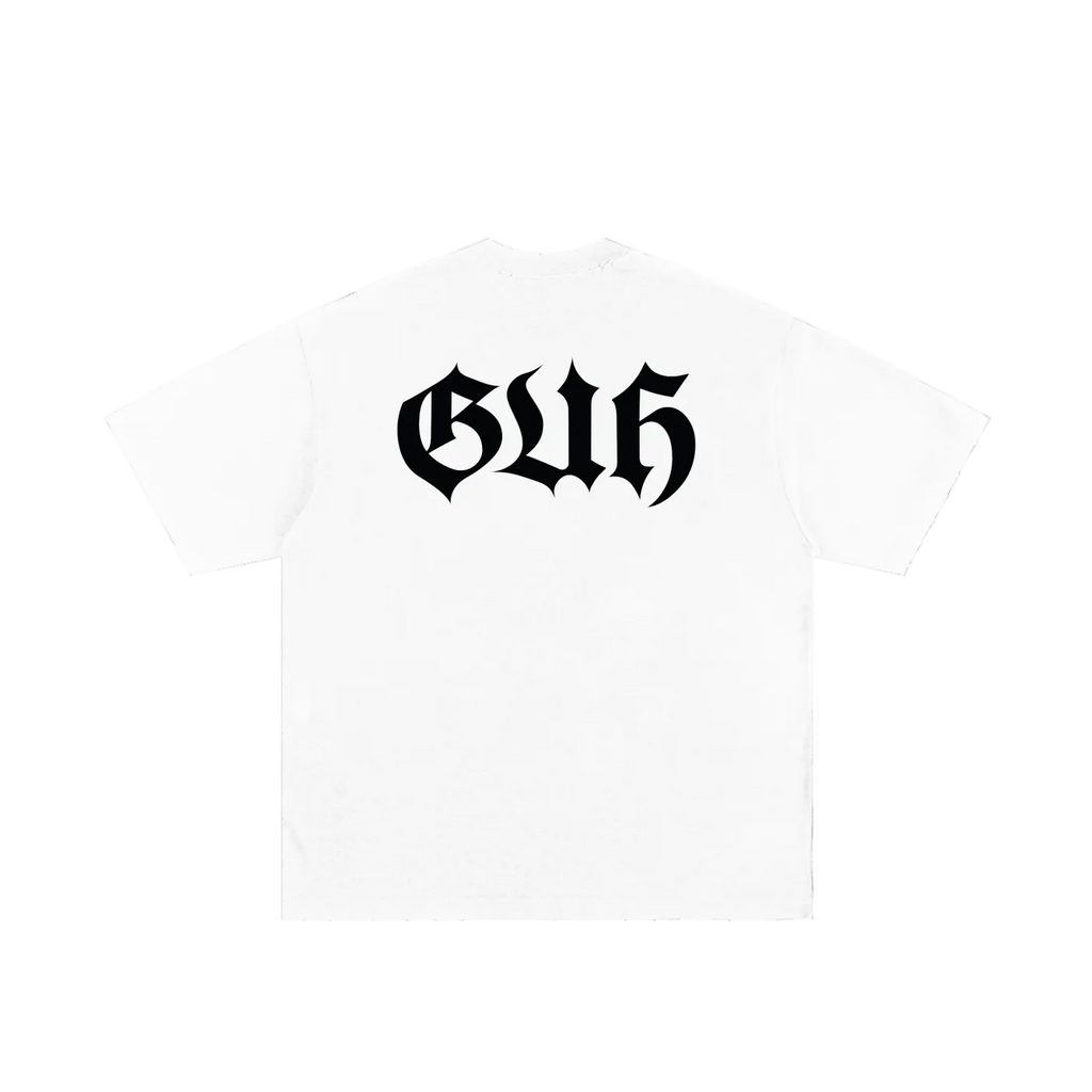 White t-shirt with black text 'GUL' on a white background