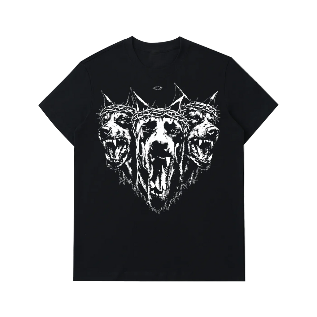 Black t-shirt with white graphic design of three wolves on a white background