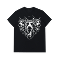 Black t-shirt with white graphic design of three wolves on a white background