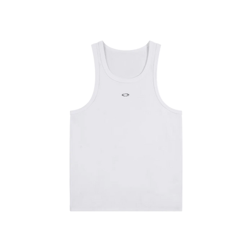 White tank top with a small logo on a white background