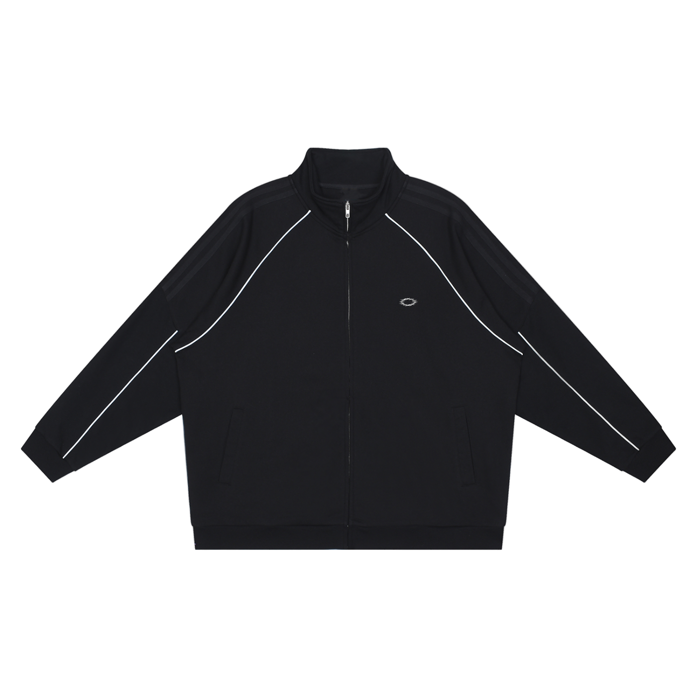 Black jacket with white accents on a white background