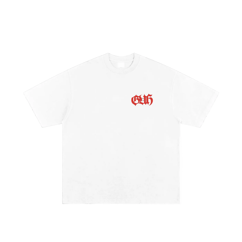 White t-shirt with red logo on a white background