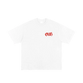 White t-shirt with red logo on a white background