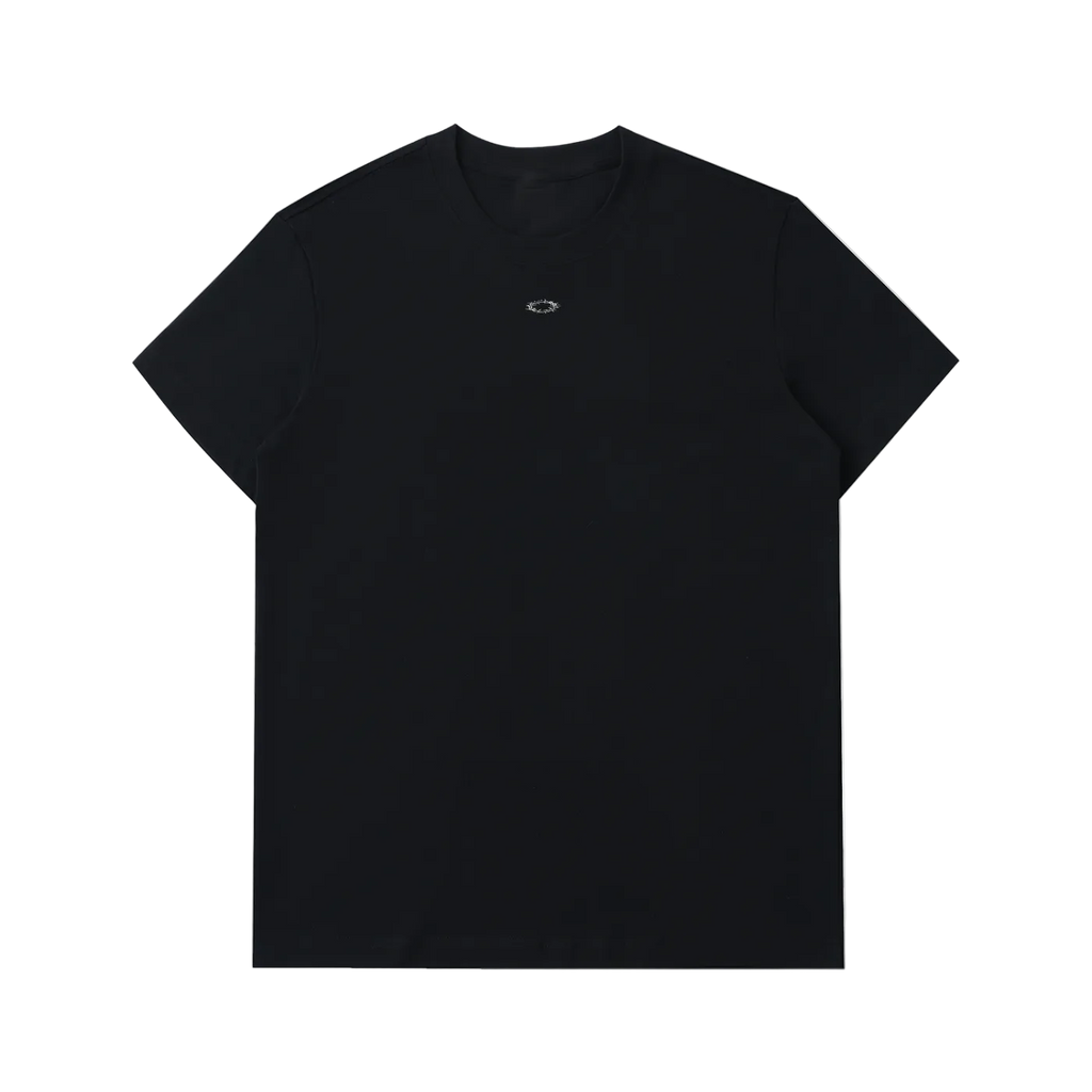 Black t-shirt with a small logo on a white background