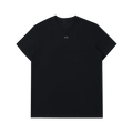Black t-shirt with a small logo on a white background
