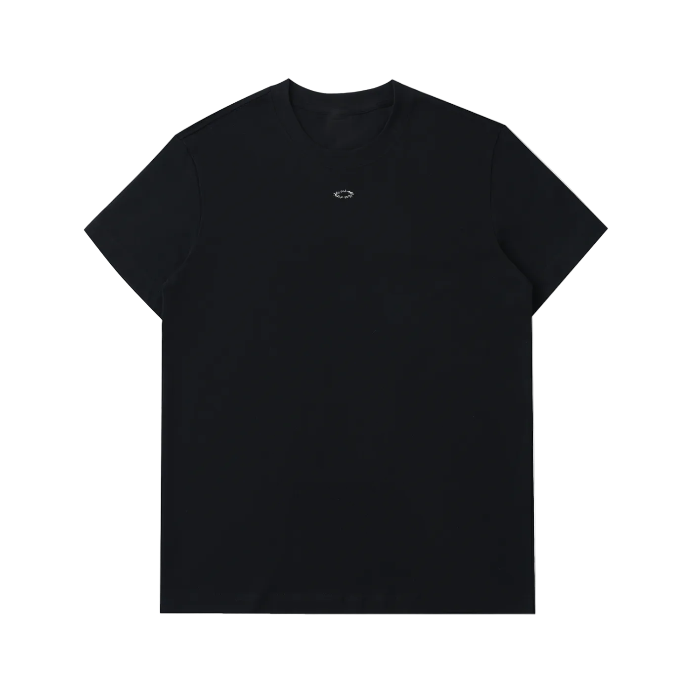 Black t-shirt with a small logo on a white background