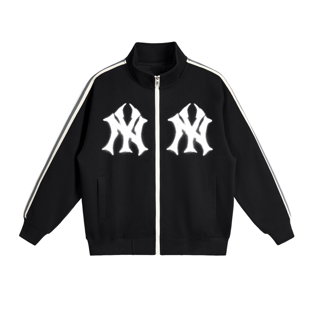 Black jacket with white logos and stripes on a white background