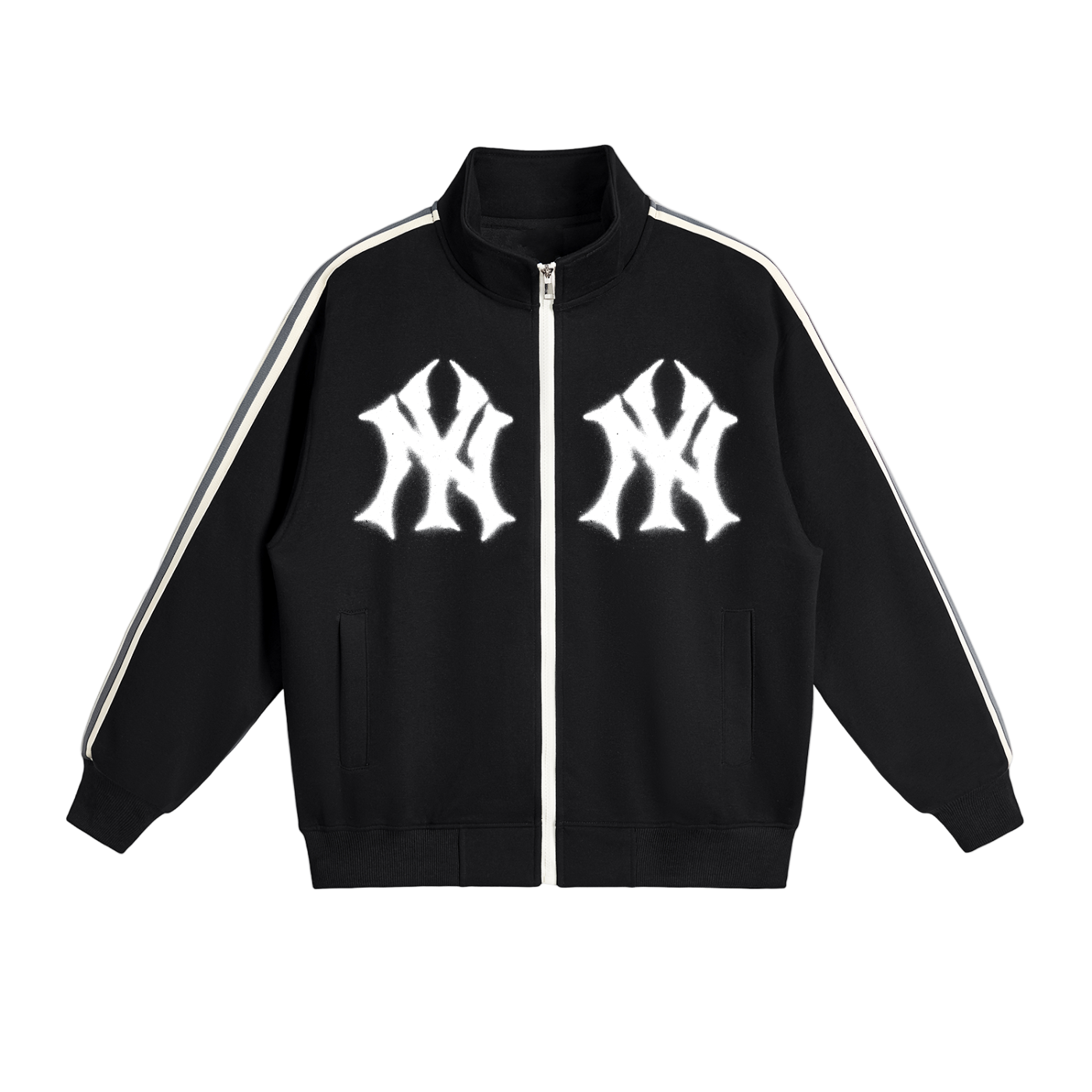 Black jacket with white logos and stripes on a white background