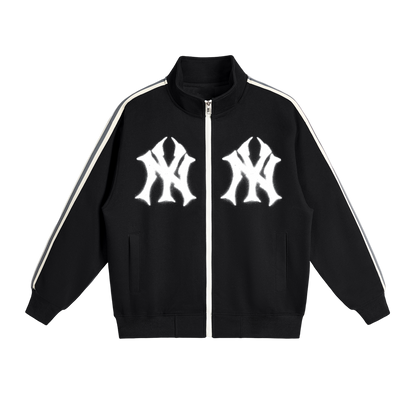 Black jacket with white logos and stripes on a white background