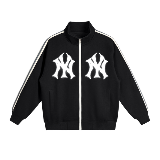 Black jacket with white logos and stripes on a white background