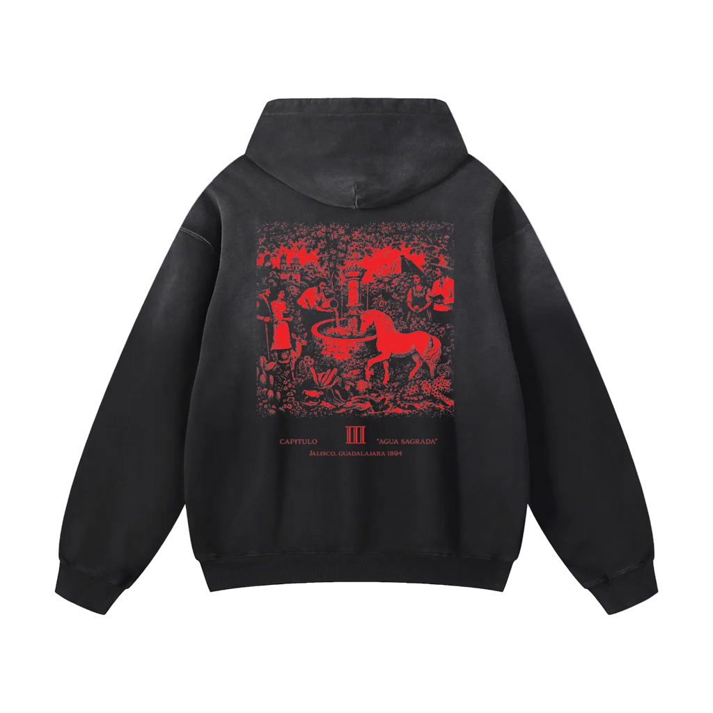 Black hoodie with red graphic design on the back against a white background