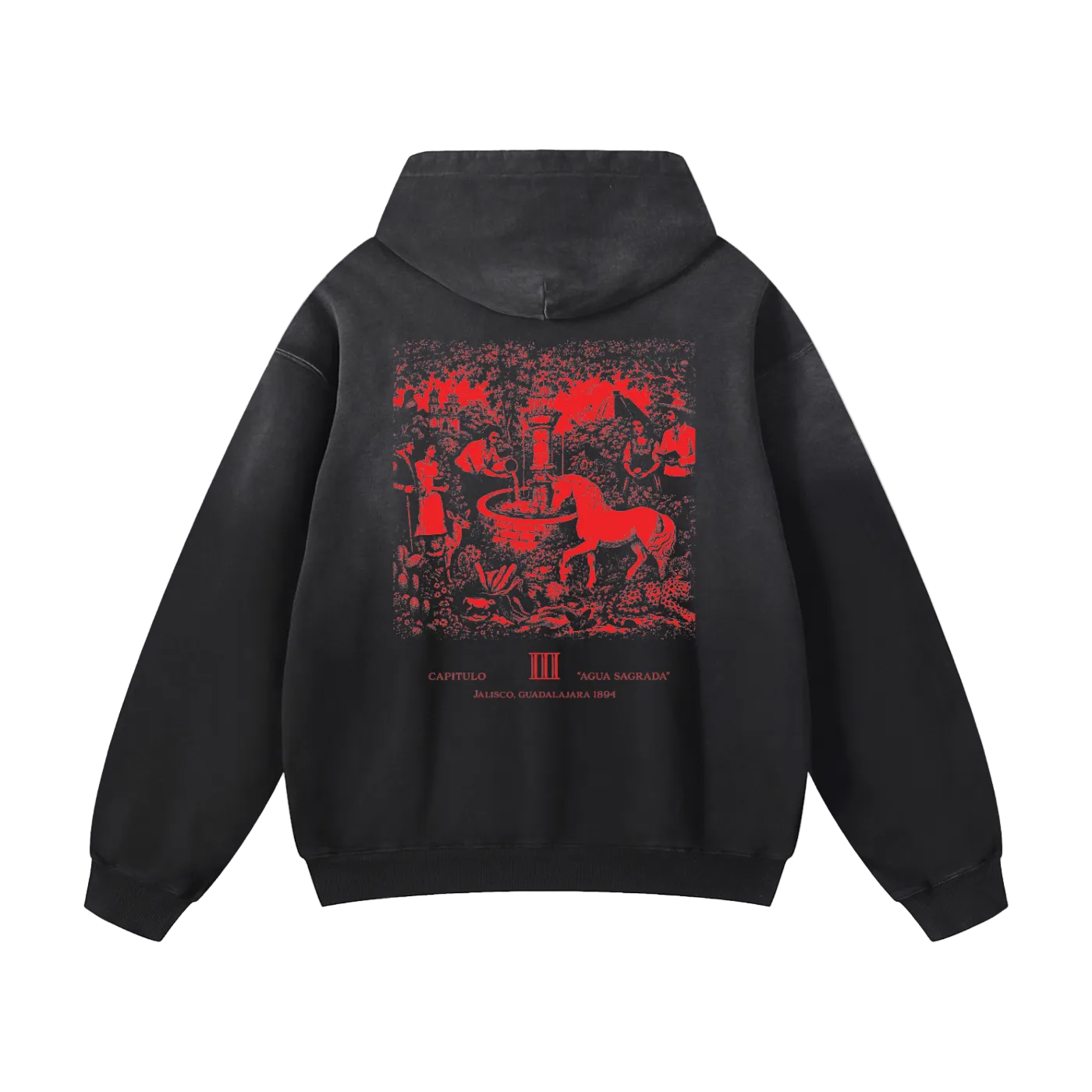 Black hoodie with red graphic design on the back against a white background