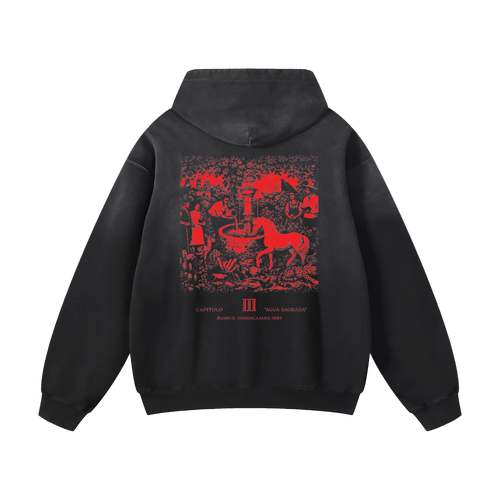 Black hoodie with red graphic design on the back against a white background