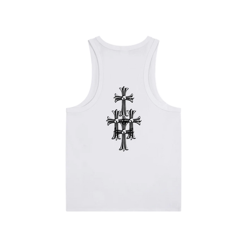 White tank top with black symbol design on a white background