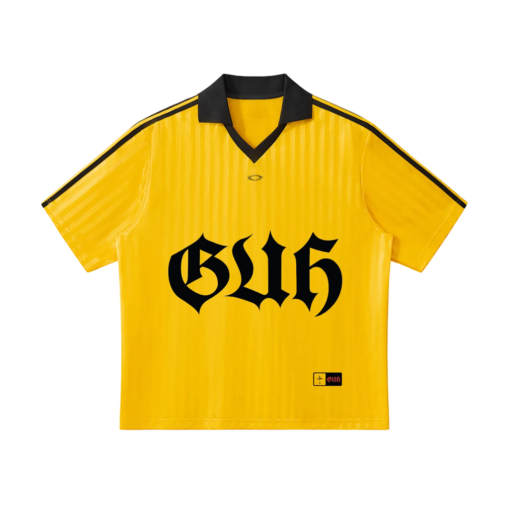Yellow sports jersey with black lettering on a white background