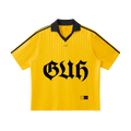 Yellow sports jersey with black lettering on a white background