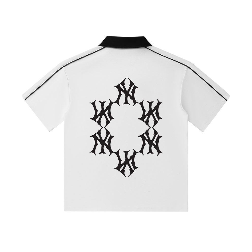 White shirt with black geometric pattern on a white background