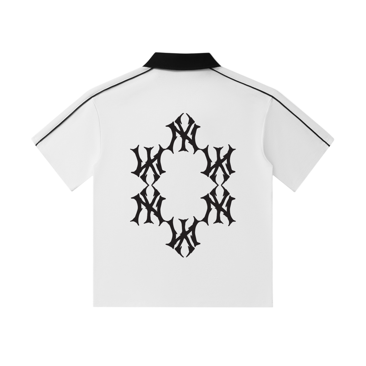 White shirt with black geometric pattern on a white background