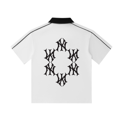White shirt with black geometric pattern on a white background