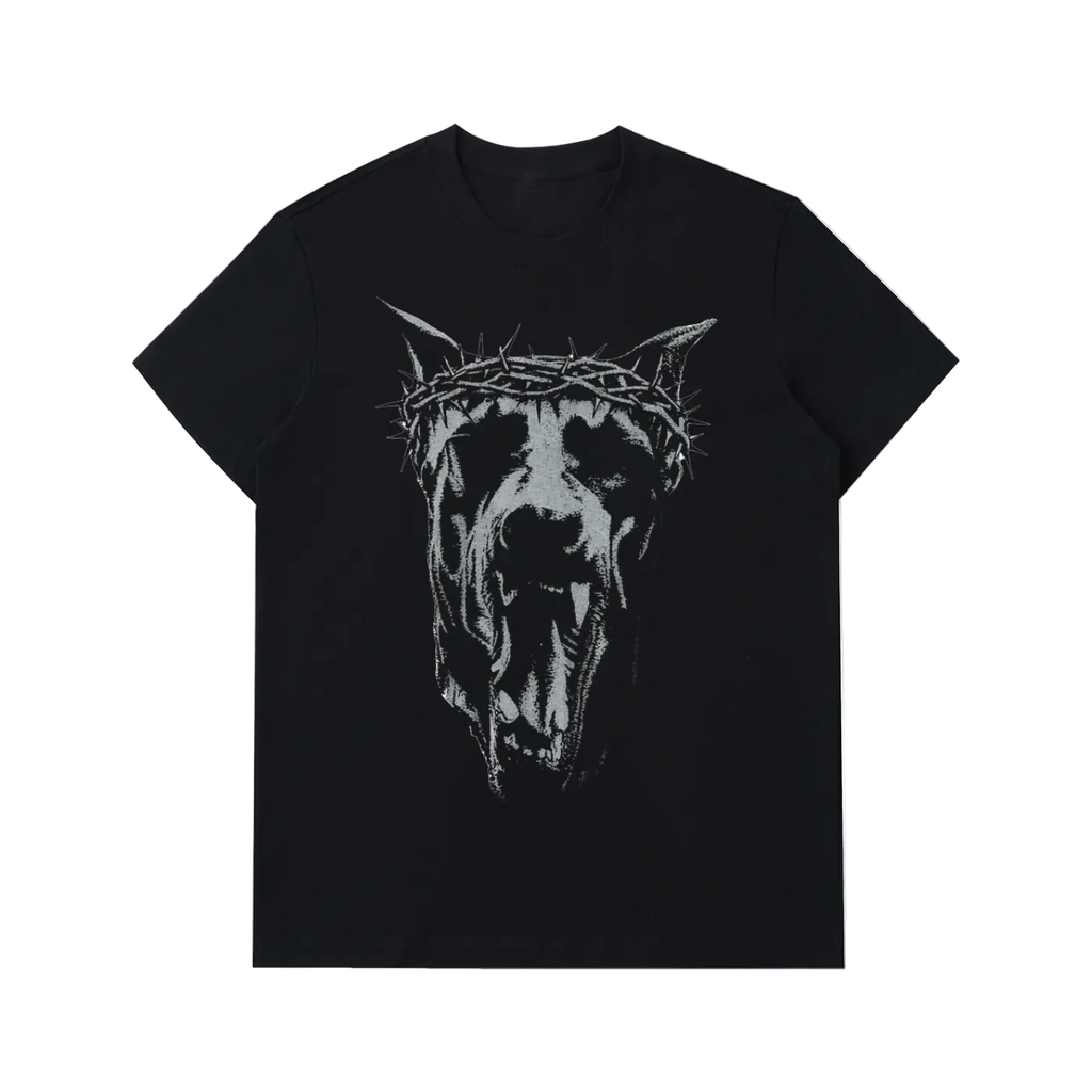 Black t-shirt with a graphic of a dog wearing a crown of thorns on a white background