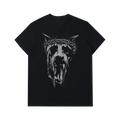 Black t-shirt with a graphic of a dog wearing a crown of thorns on a white background