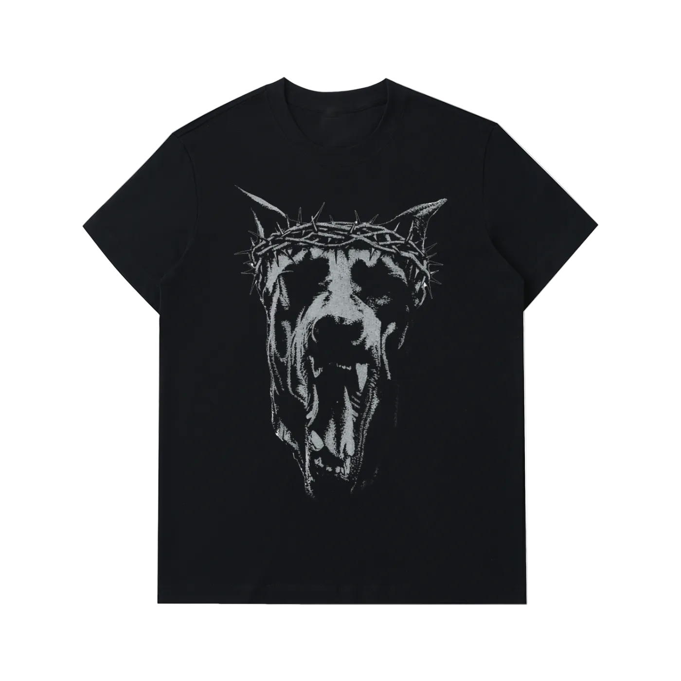 Black t-shirt with a graphic of a dog wearing a crown of thorns on a white background