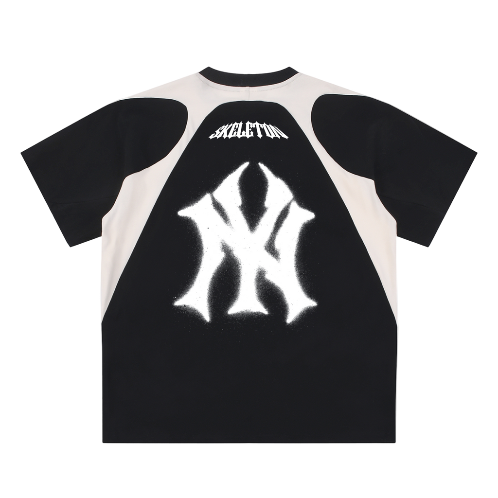 Black and white t-shirt with a logo on the back, displayed on a white background