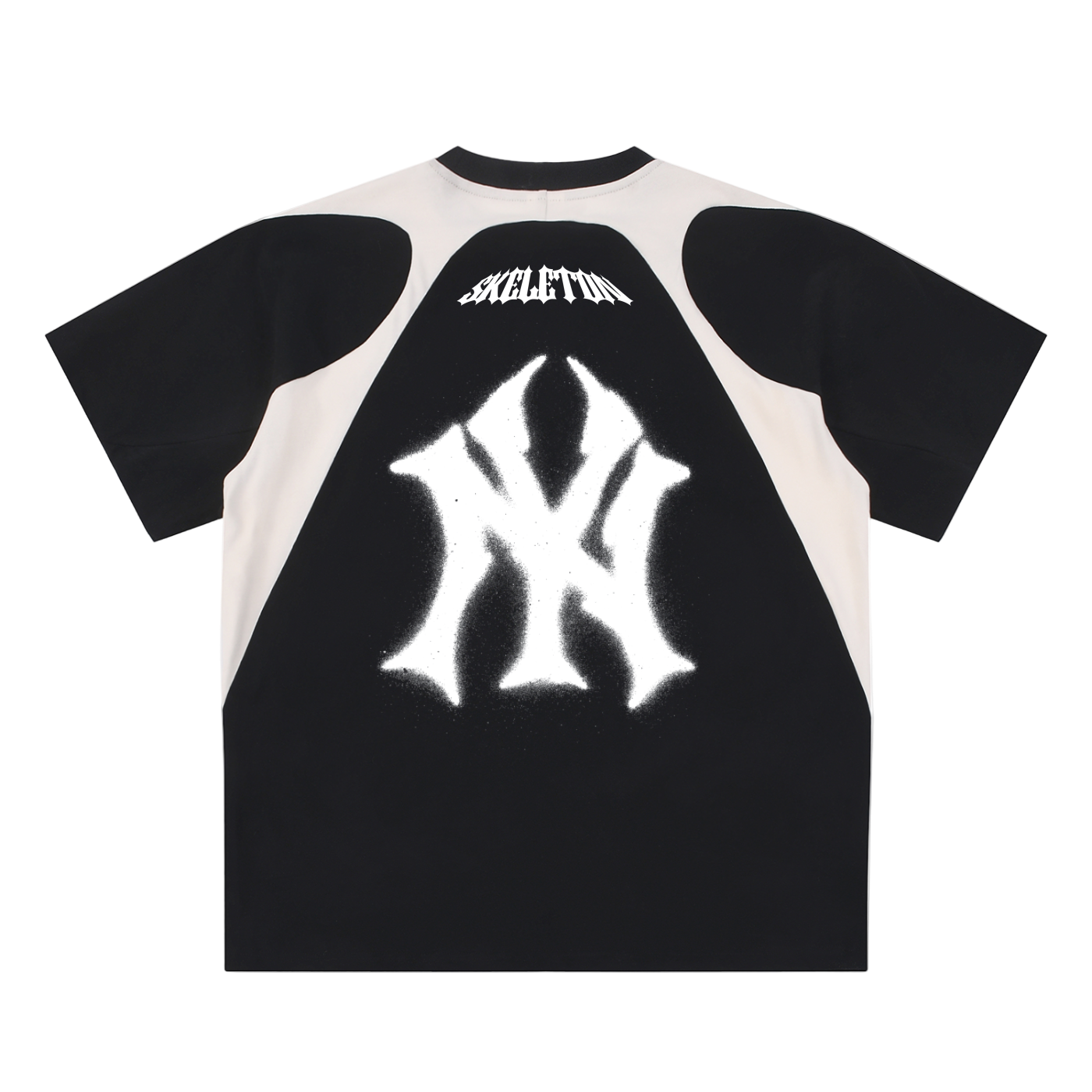 Black and white t-shirt with a logo on the back, displayed on a white background