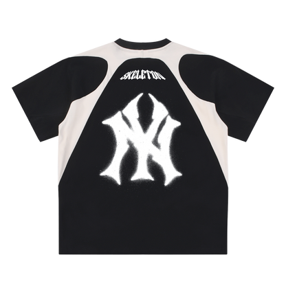 Black and white t-shirt with a logo on the back, displayed on a white background
