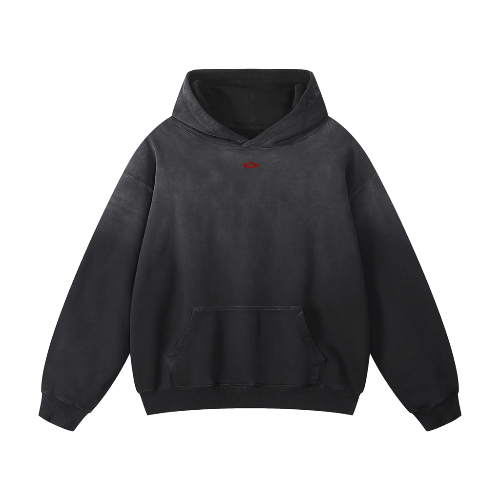 Black hoodie with a small red logo on a white background