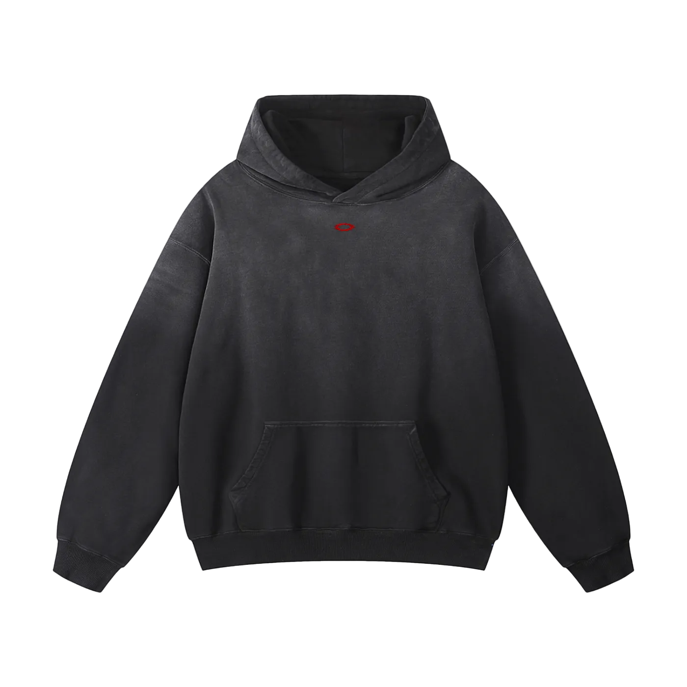 Black hoodie with a small red logo on a white background