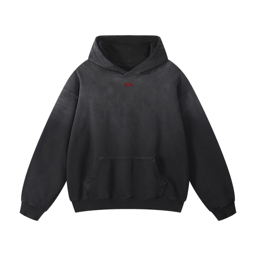 Black hoodie with a small red logo on a white background