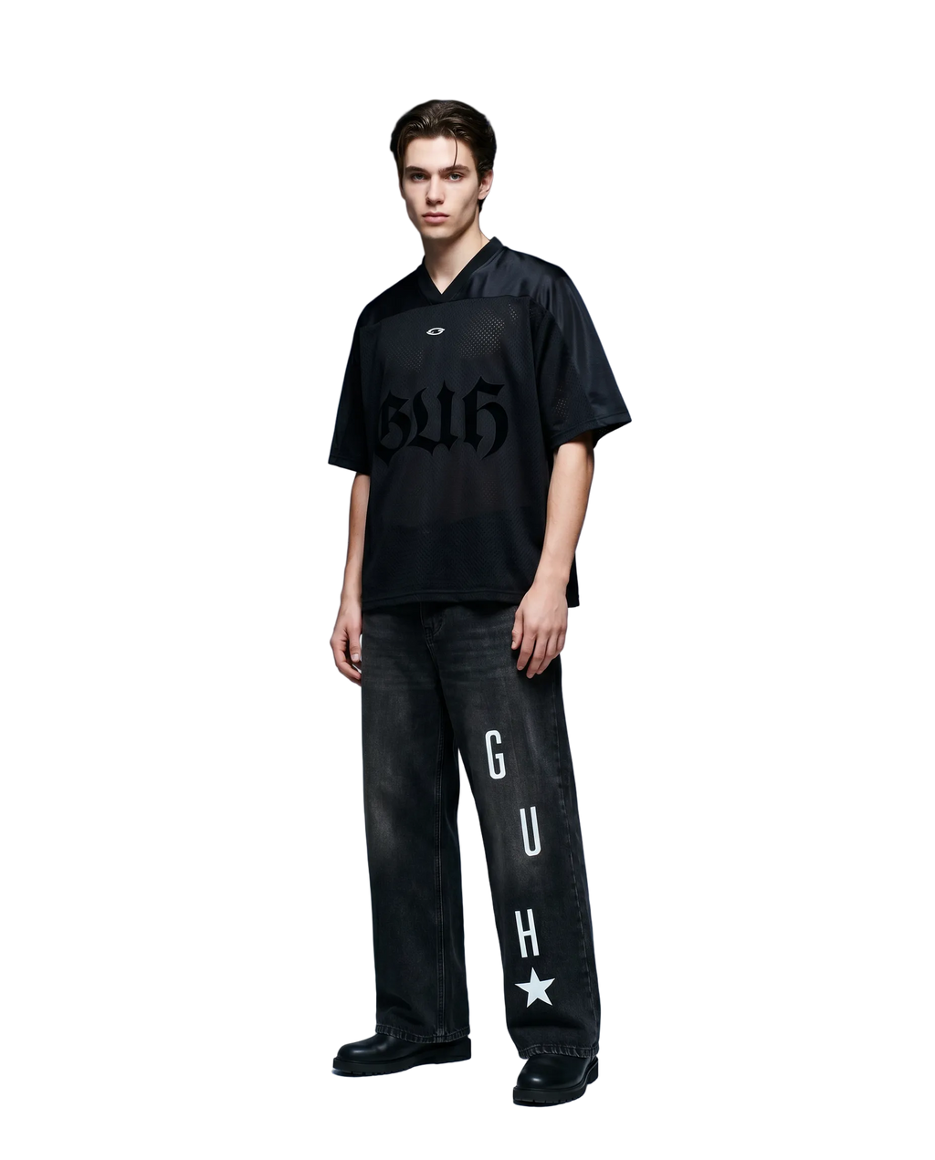 Person wearing a black outfit with 'Guh' branding against a gradient blue background
