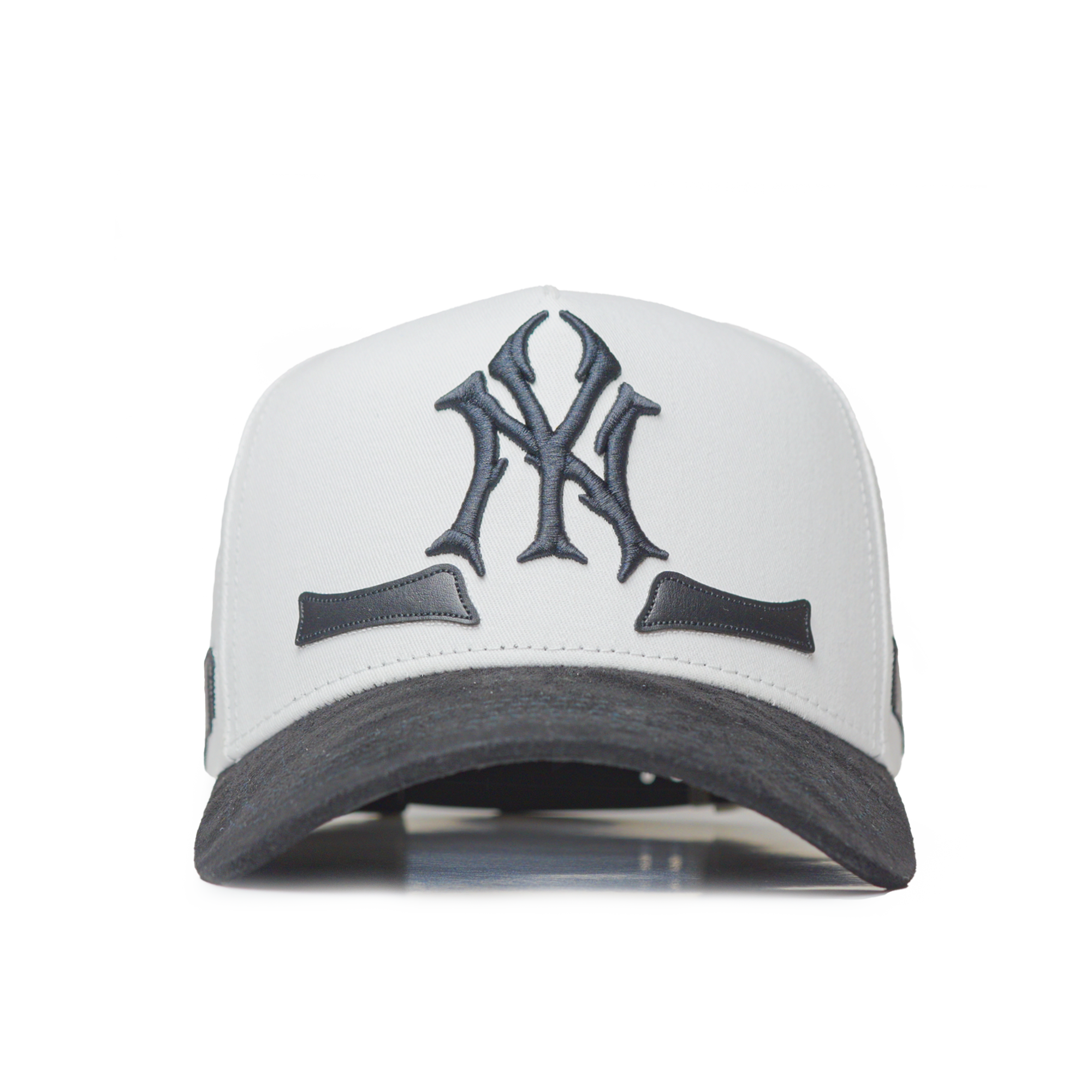 White and black cap with a logo on a white background